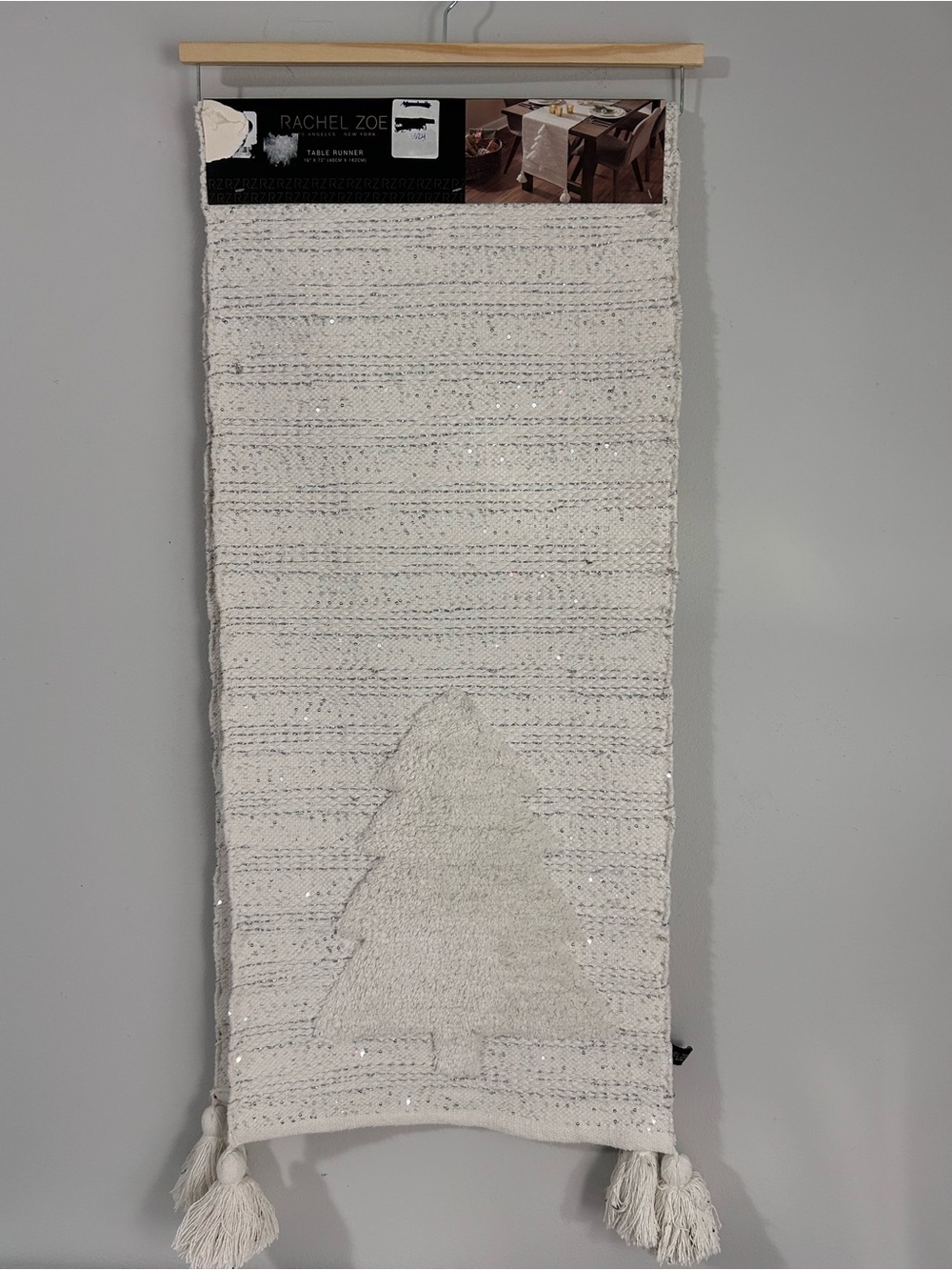 Rachel Zoe Creamy White Textured 16”x 72” Table Runner Tree Motif Silver Sequin